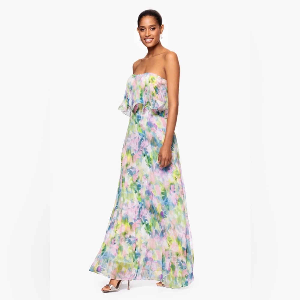 Betsy & Adam Strapless Pastel Watercolor Floral Maxi Dress